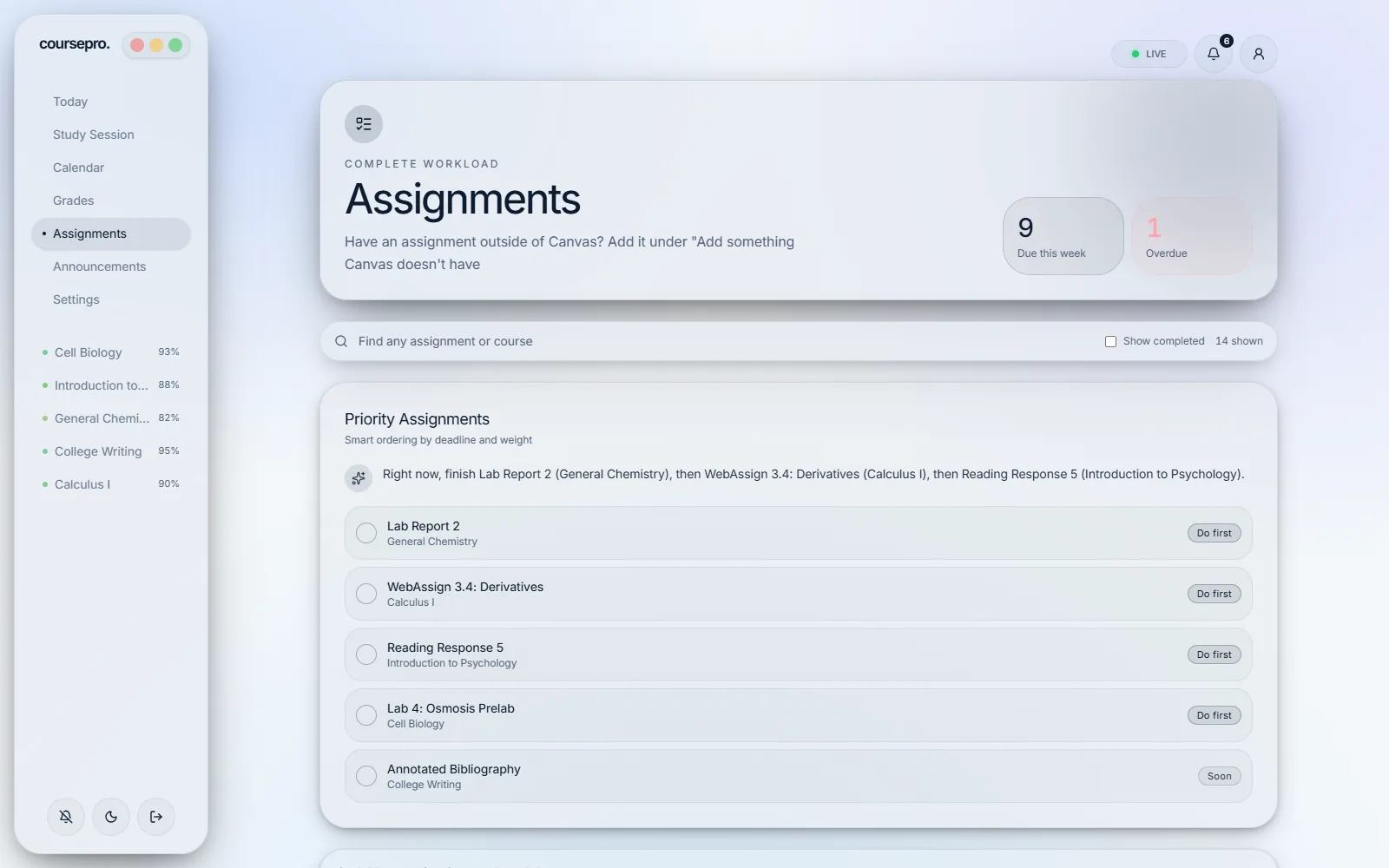 The Assignments page with a weekly count and a ranked list of work.
