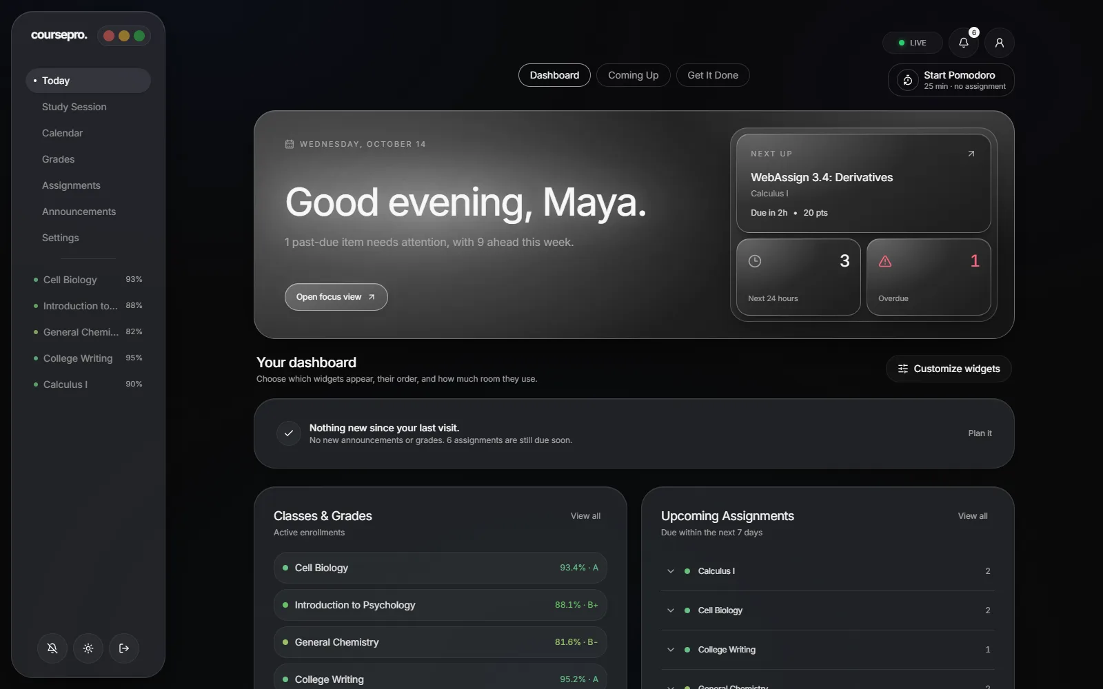 The CoursePro dashboard with a greeting, the next assignment up, and class grades.